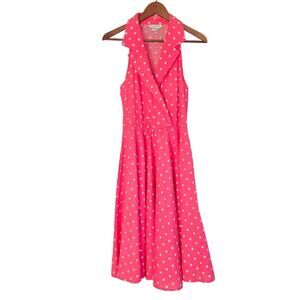 80s Vintage Rockability Pinup Barbie Pink Polka Dot Sleeveless Wrap Dress 10